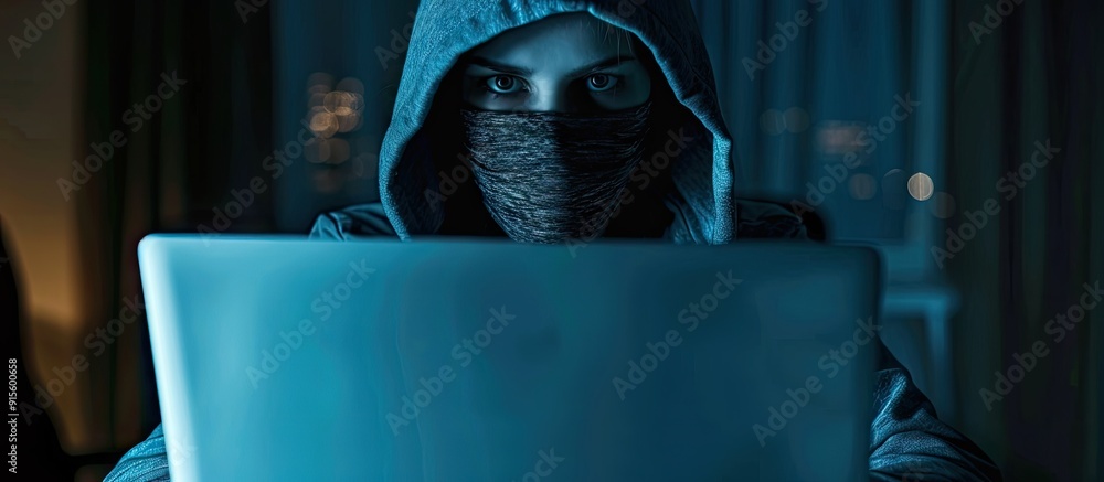 Poster Portrait of a female hacker dressed in a hoodie and balaclava in a dimly lit room. with copy space image. Place for adding text or design