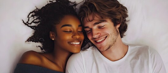 Smiling young interracial couple holding hands while in bed. with copy space image. Place for adding text or design