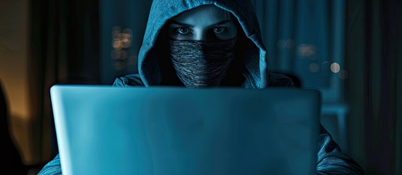 Portrait of a female hacker dressed in a hoodie and balaclava in a dimly lit room. with copy space image. Place for adding text or design