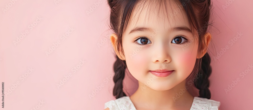 Poster asian cute little girl with a lovely expression set against a pink background. with copy space image