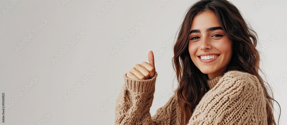 Poster Young Hispanic woman dressed in a casual winter sweater smiling happily while looking and pointing to the side with a thumbs up. with copy space image. Place for adding text or design