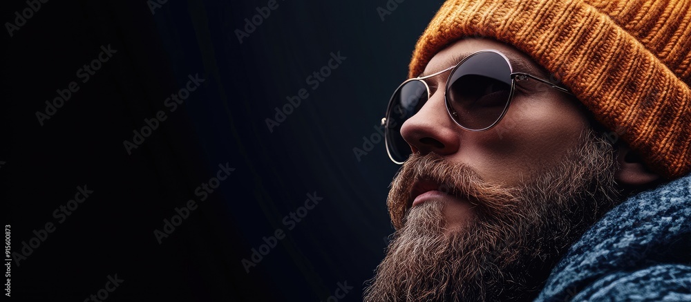 Poster a bearded hipster wearing stylish sunglasses and a beanie hat gazing off to the side banner. with co