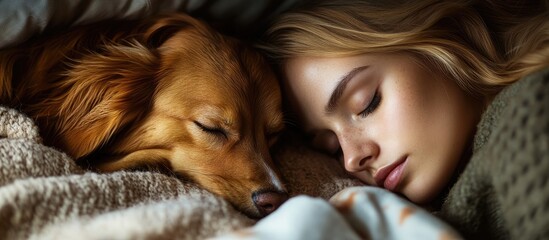Girl and her little brown dog resting in bed beneath a blanket. with copy space image. Place for adding text or design