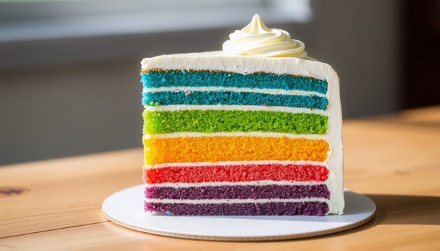 perfectly layered rainbow cake slice with distinct color bands each layer showcasing a unique hue creamy frosting swirled atop placed on a wooden table natural light highlig