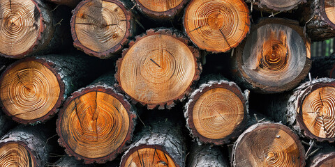 Close-up of Stacked Tree Logs Revealing Growth Rings.