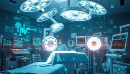dynamic portrayal of a medical operation augmented reality overlays displaying real-time data instruments positioned meticulously in the foreground bright surgical lights enh