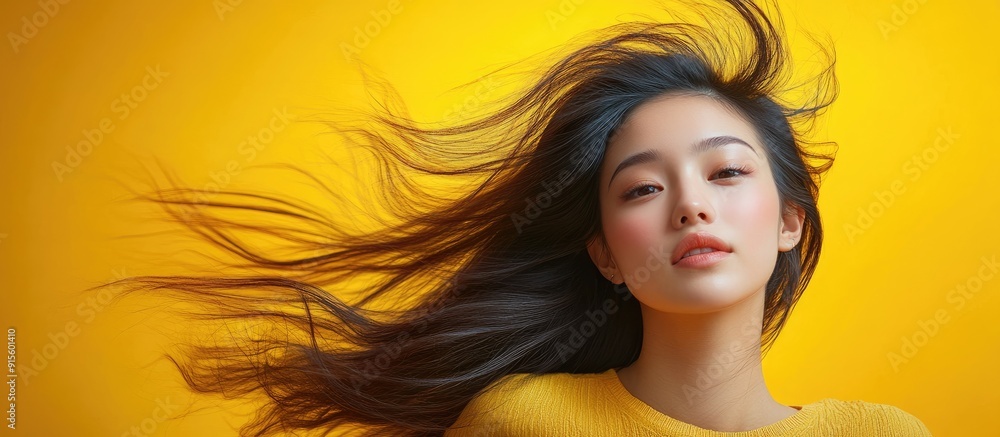 Poster portrait of a beautiful young asian woman in motion on a yellow isolated background. with copy space