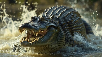 Obraz premium Image shows a fierce alligator in a river at sunset. With open mouth and yellow eyes, it exudes power and wildness, set against a tropical backdrop.