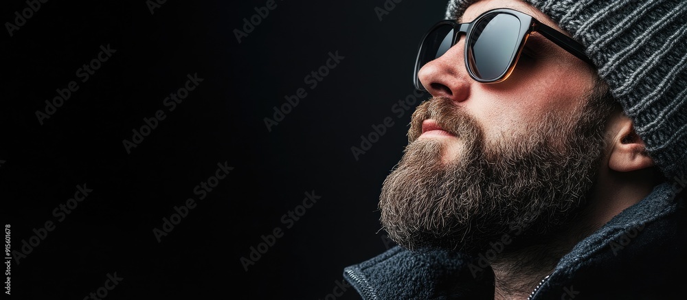 Poster a bearded hipster wearing stylish sunglasses and a beanie hat gazing off to the side banner. with co