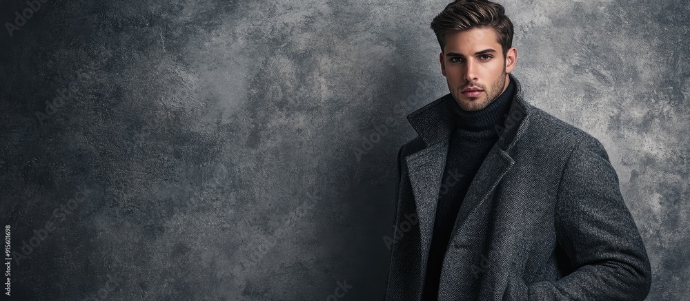 Aufkleber Young man wearing a coat on a gray backdrop. with copy space image. Place for adding text or design