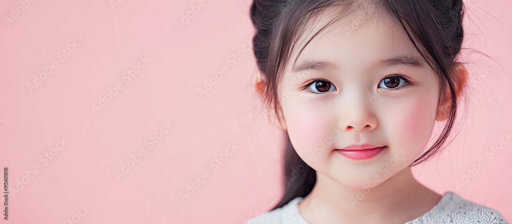 Poster asian cute little girl with a lovely expression set against a pink background. with copy space image