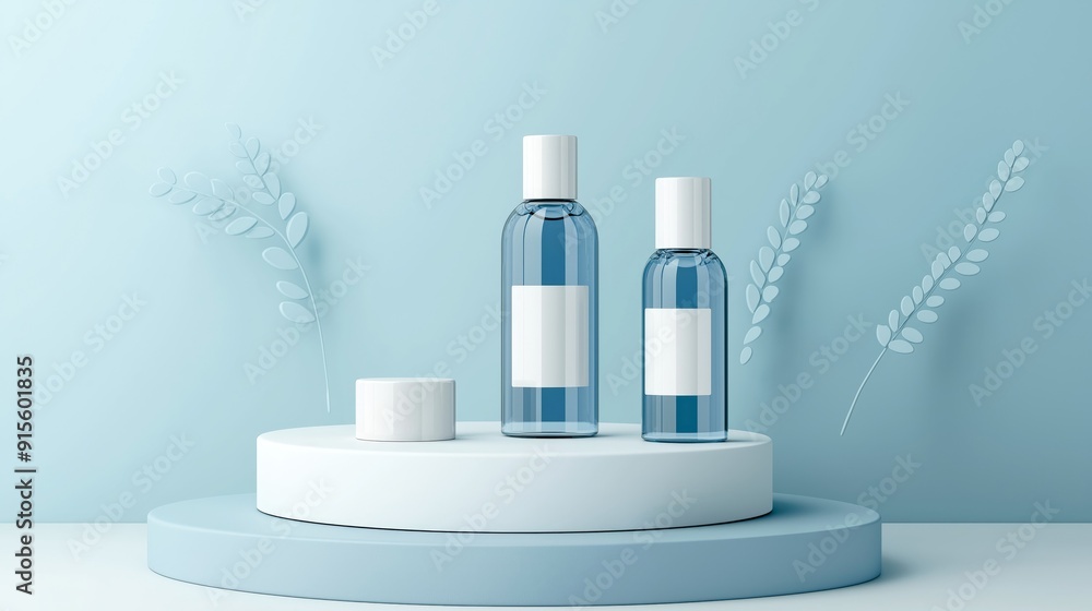 Poster cosmetics blue and white color bottles on podium with soft light and white background mock up