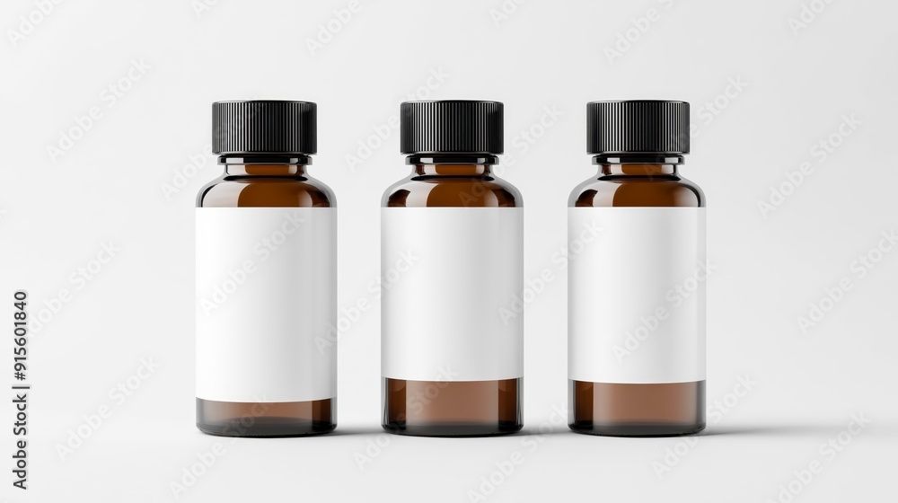 Poster cosmetics and medicine brown color glass bottles with black caps on podium with soft light and isola