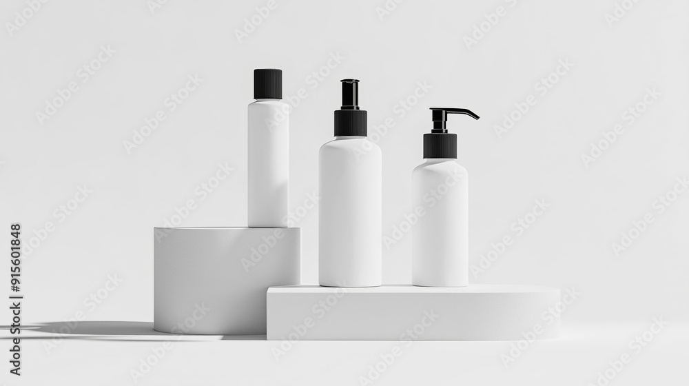 Poster cosmetics white color bottles with black caps on podium with soft light and isolated on white backgr