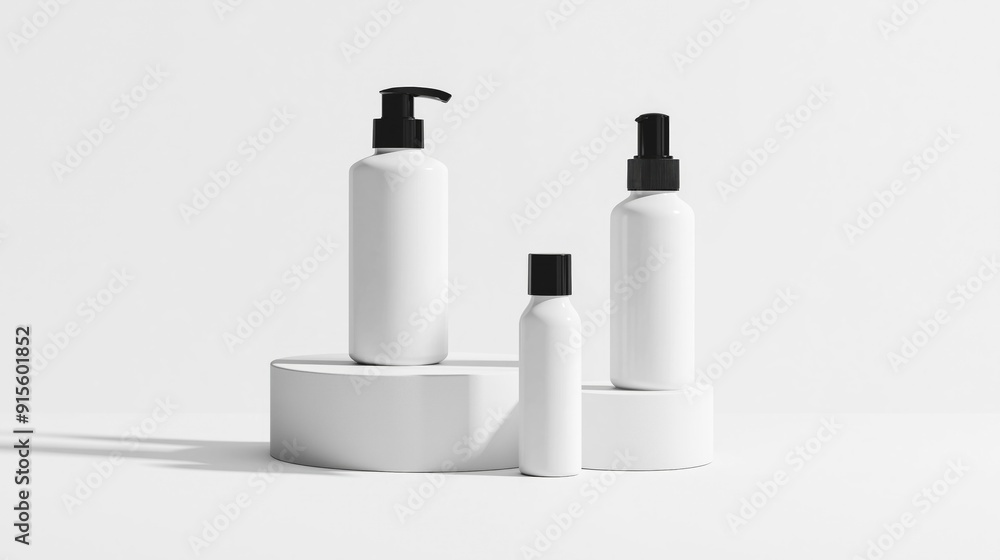 Aufkleber Cosmetics white color bottles with black caps on podium with soft light and isolated on white background mock up