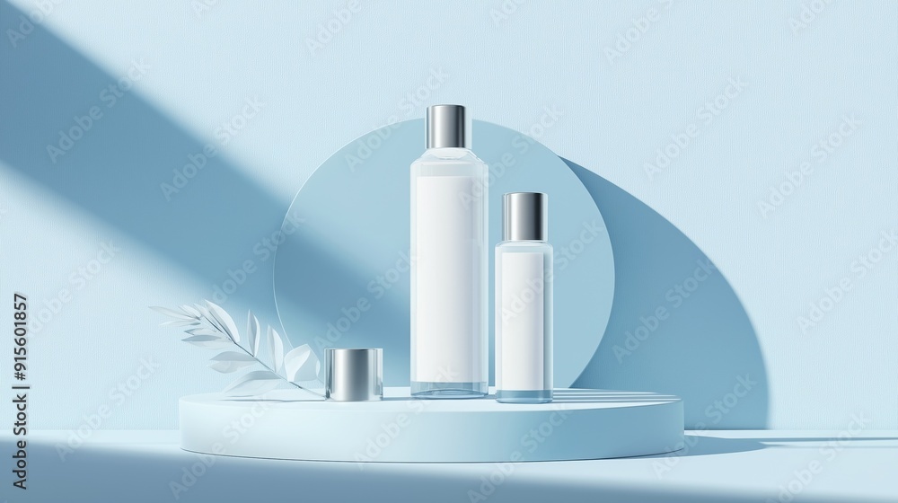 Poster cosmetics blue and white color bottles on podium with soft light and white background mock up