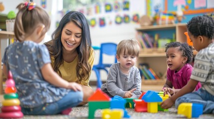 Fototapeta premium In a classroom, a teacher and four kids play with colorful blocks, creating a fun and educational environment. Teacher participates, fostering learning and interaction.