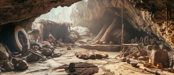 Interior view of a cave resembling a Neanderthal habitat with scattered primitive objects like pottery, wooden tools, rocky formations, and a glimpse into prehistoric life.