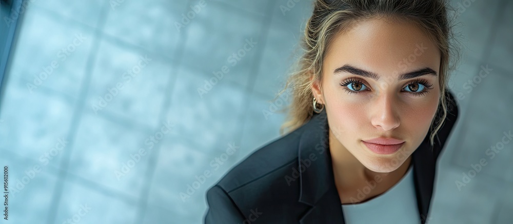 Aufkleber top view successful businesswoman gazing at the camera. with copy space image. place for adding text