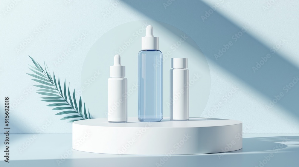 Poster cosmetics blue and white color bottles on podium with soft light and white background mock up