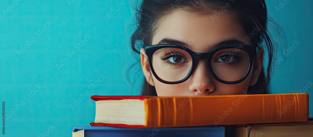 Poster Close up of a female student with books. with copy space image. Place for adding text or design