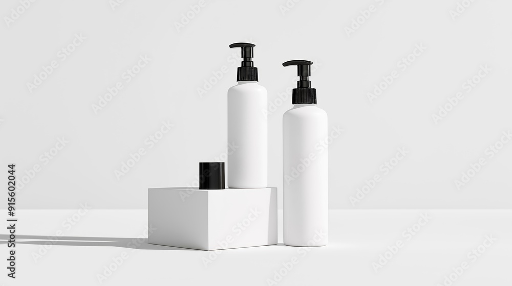 Poster Cosmetics white color bottles with black caps on podium with soft light and isolated on white background mock up