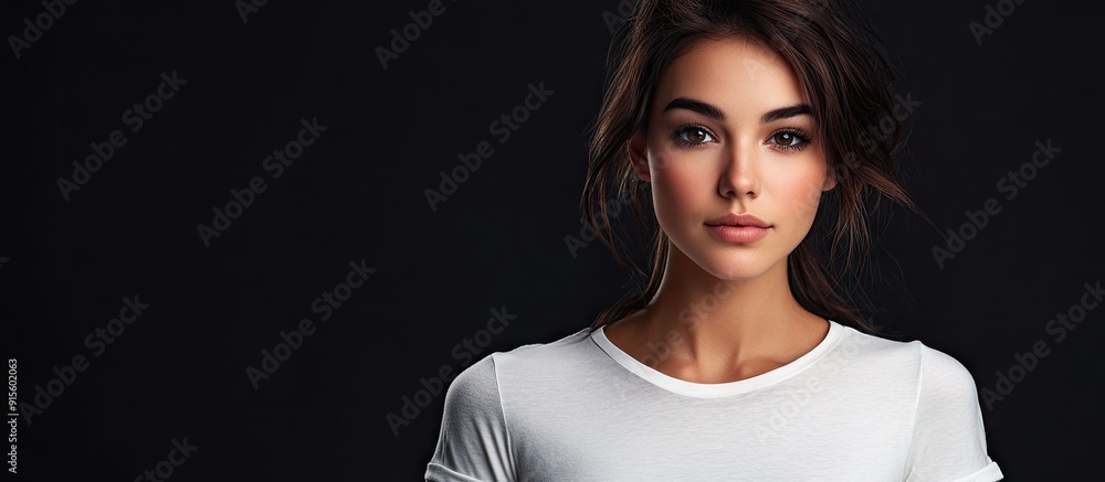 Poster studio portrait of a lovely brunette woman wearing a plain white t shirt set against a simple black 