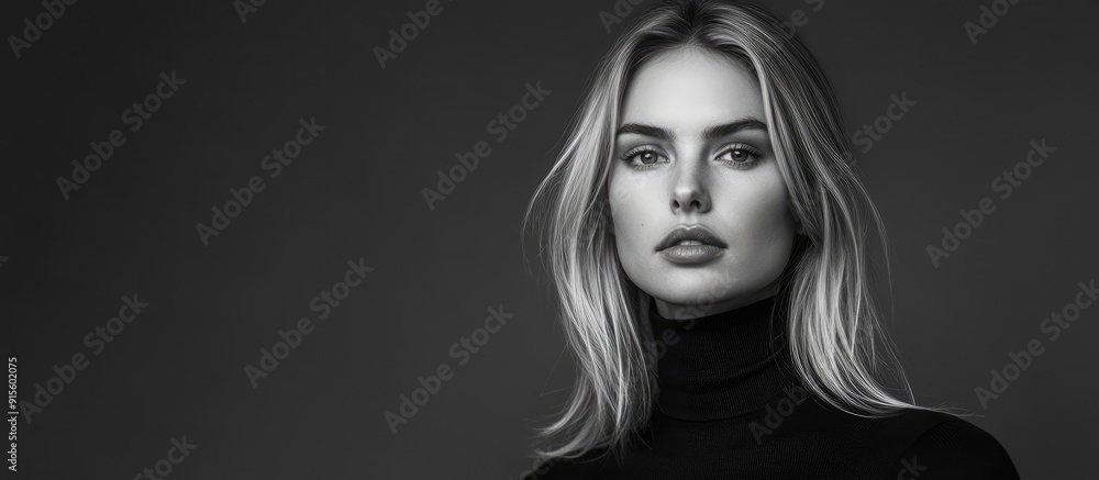 Poster black and white studio portrait of an attractive blonde woman wearing a black turtleneck against a p