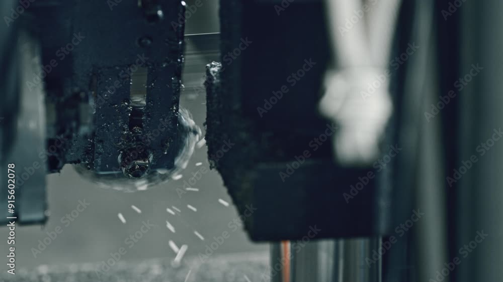 Poster dynamic close-up of high-speed metal cutting process with flying sparks and scattering shards. indus
