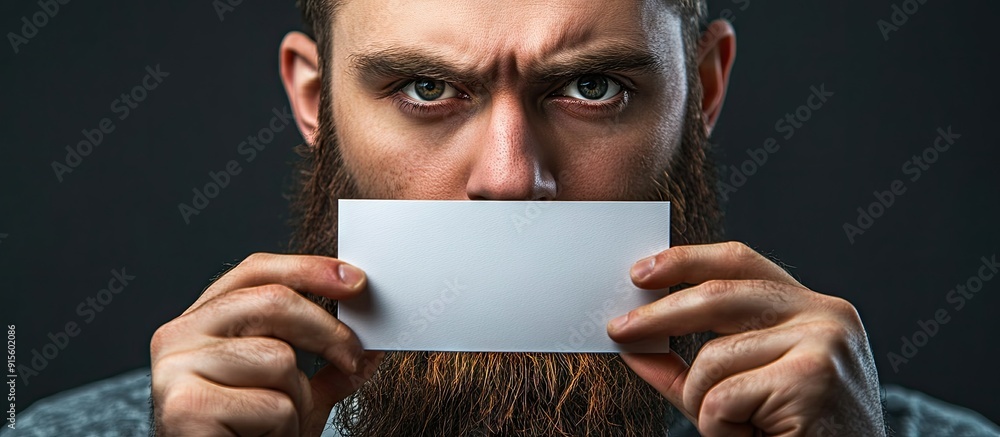 Poster man with a beard holding a blank white card. with copy space image. Place for adding text or design