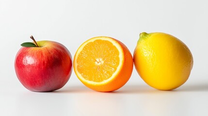 Fruits isolated on white background. Apple, lemon and orange lying on white background design mock up isolated. Healthy food and fitness