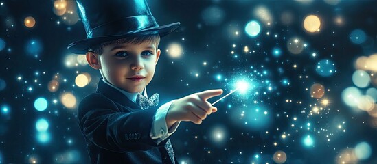 Boy magician in a hard hat and stylish tuxedo pointing to copy space with a magic wand