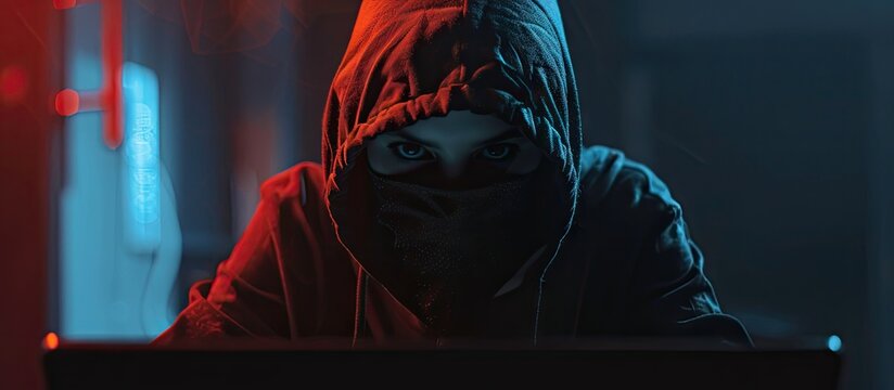 Portrait of a female hacker dressed in a hoodie and balaclava in a dimly lit room. with copy space image. Place for adding text or design