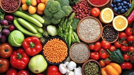 Different types of vegetables and healthy food on the table top view. Health and diet