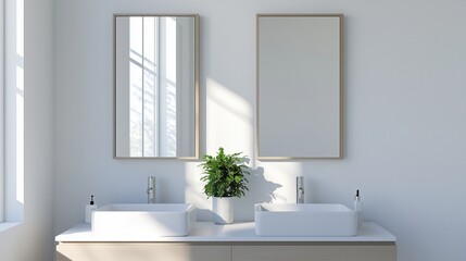 Modern bathroom interior featuring two sinks, mirrors, and natural lighting in a serene setting