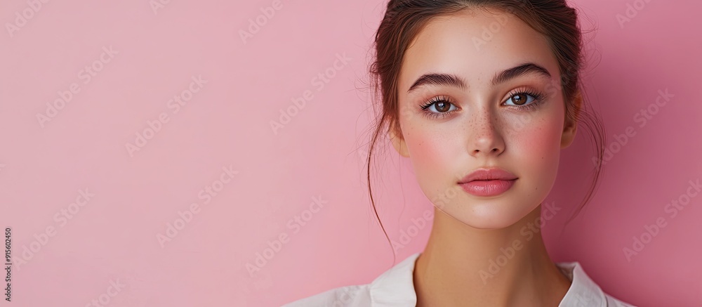 Poster portrait of a lovely young woman against a pink background room for text. with copy space image. pla