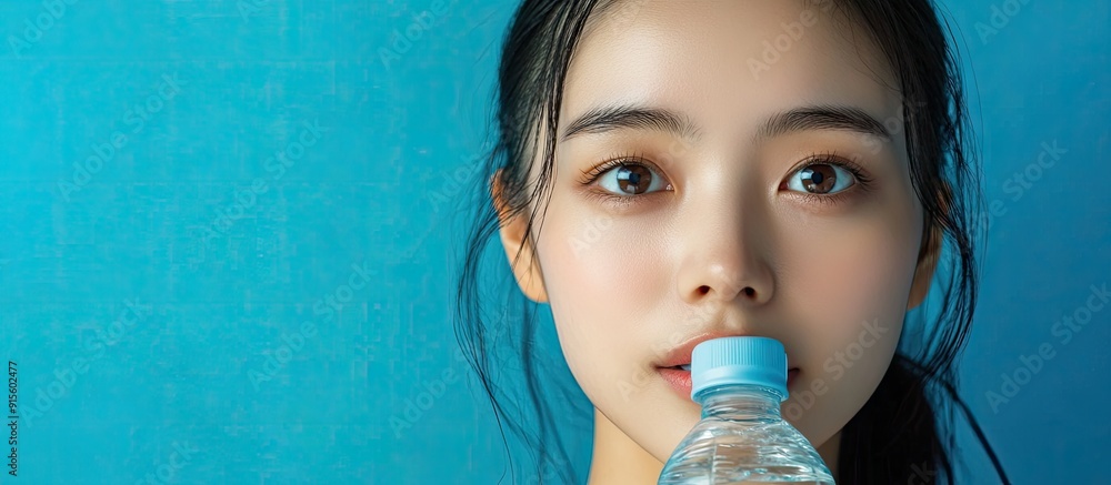 Poster young asian woman refreshing her face with a water bottle. with copy space image. place for adding t