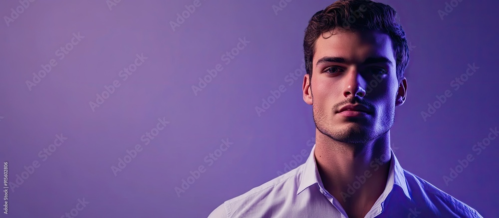 Poster portrait of an intelligent man set against a purple background. with copy space image. place for add