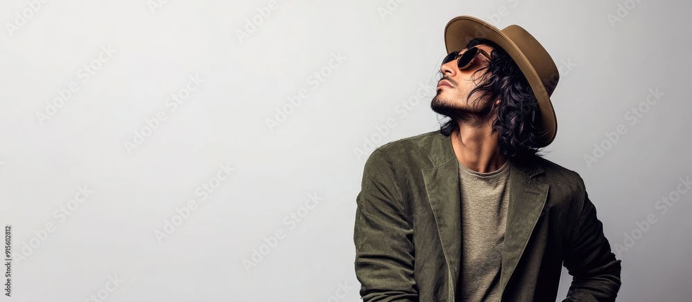 Poster stylish mixed race man wearing a hat and sunglasses posing alone on a white background with copy spa