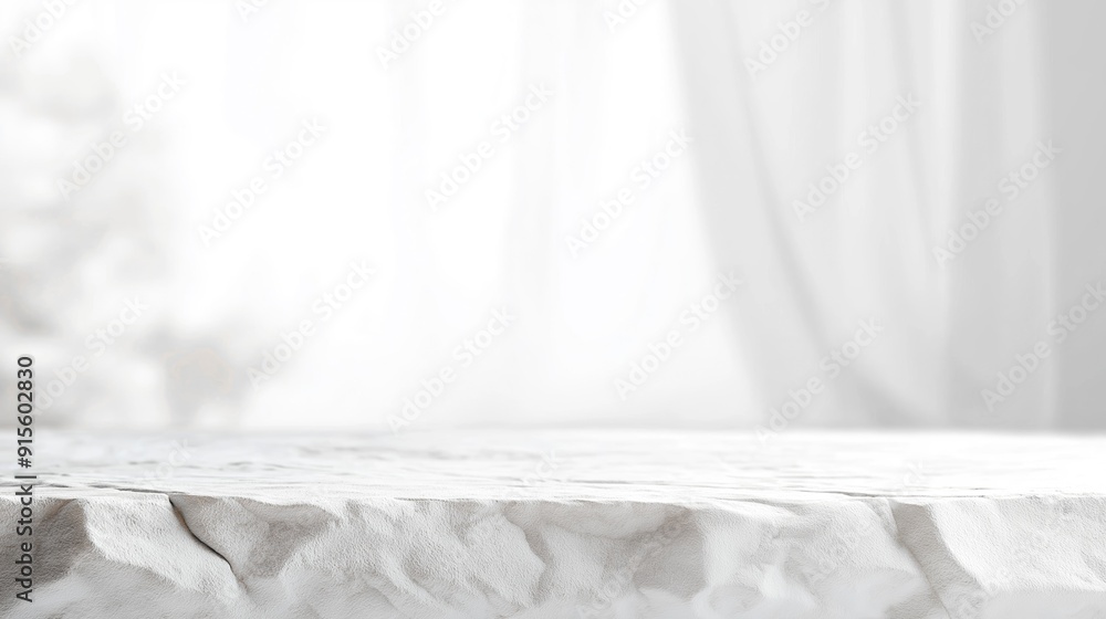 Poster Marble white stone table with blurred white background with empty space mock up copy space