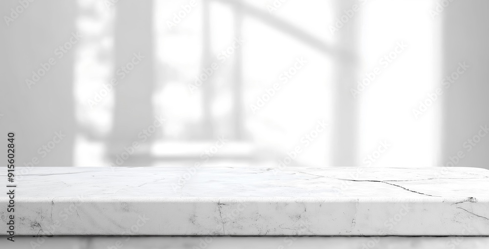 Poster Marble white stone table with blurred white design background with empty space mock up copy space