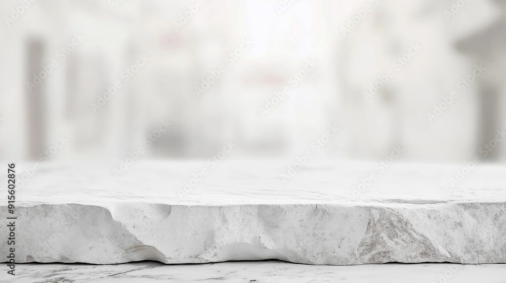 Poster Marble white stone table with blurred white design background with empty space mock up copy space