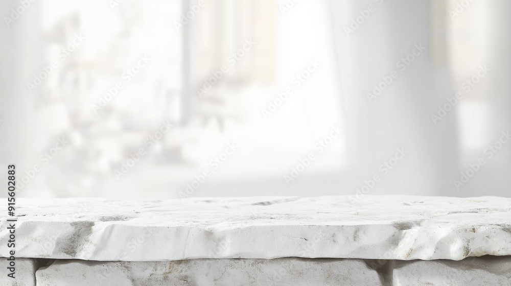 Leinwandbilder Marble white stone table with blurred white background with empty space mock up copy space