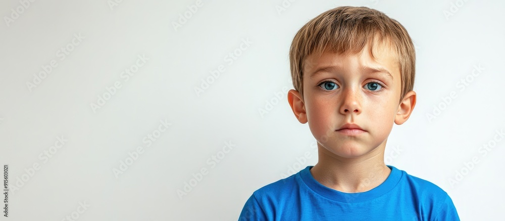 Poster close up portrait of a young boy in a blue t shirt with a serious expression against a white backgro