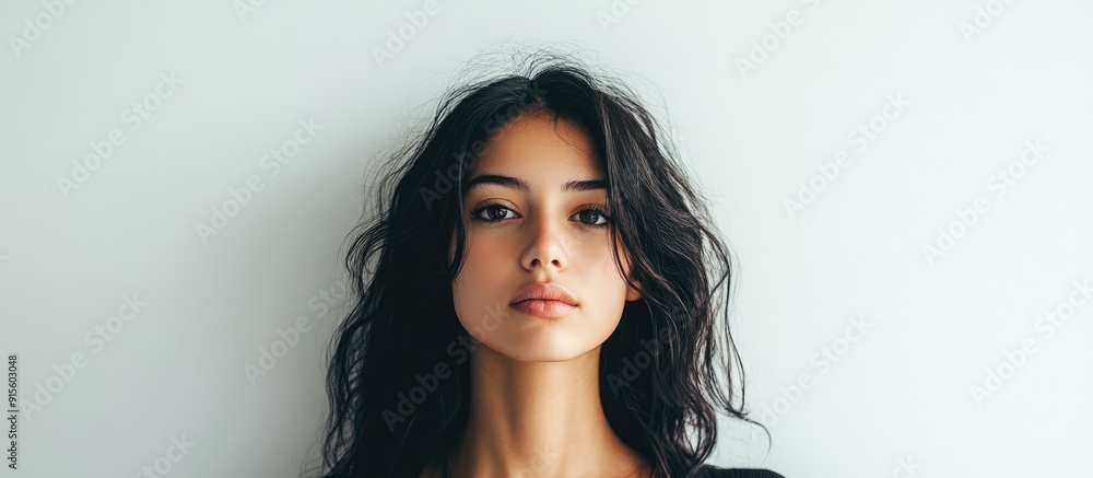 Poster portrait of a woman against a white wall. with copy space image. place for adding text or design