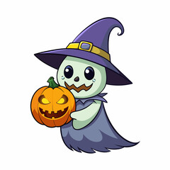 Ghost in Witch Hat Holding Glowing Pumpkin Vector Illustration - Cartoon, Clipart, and Line Art Design