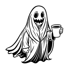 Halloween Ghost with Coffee Vector Illustration - Cartoon, Clipart, and Line Art Design