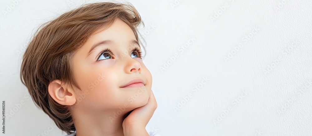 Poster thoughtful child with short hair set against a white background. with copy space image. place for ad