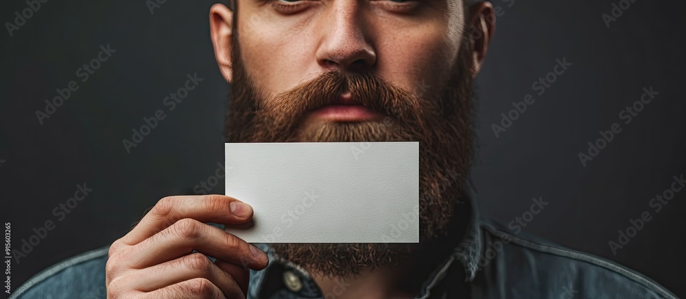 Aufkleber man with a beard holding a blank white card. with copy space image. Place for adding text or design
