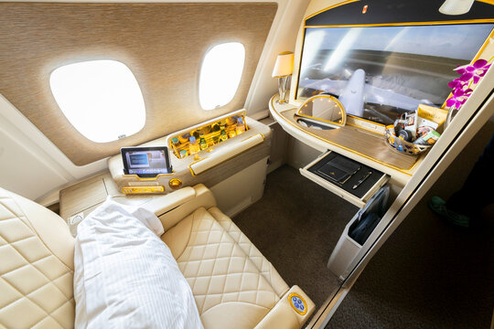 Emirates Airlines First Class window seat in Airbus A380 upper deck